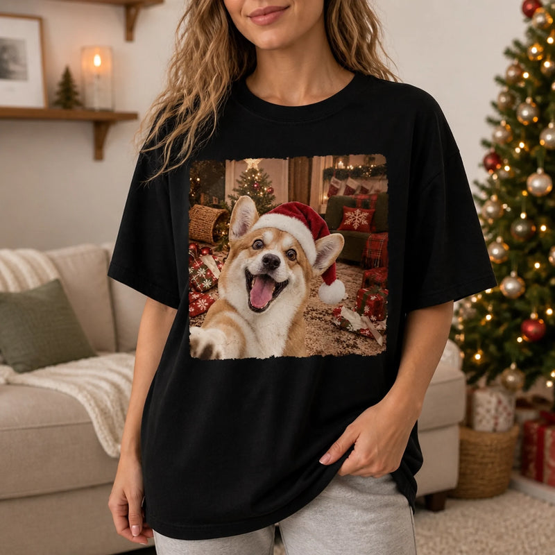 Custom Photo Funny Dog Selfie Comfort T-Shirt - Personalized Christmas Birthday Gifts For Dog Cat Lovers, Dog Dad And Mom, Cat Owners - Cozy Season, Merry Fun