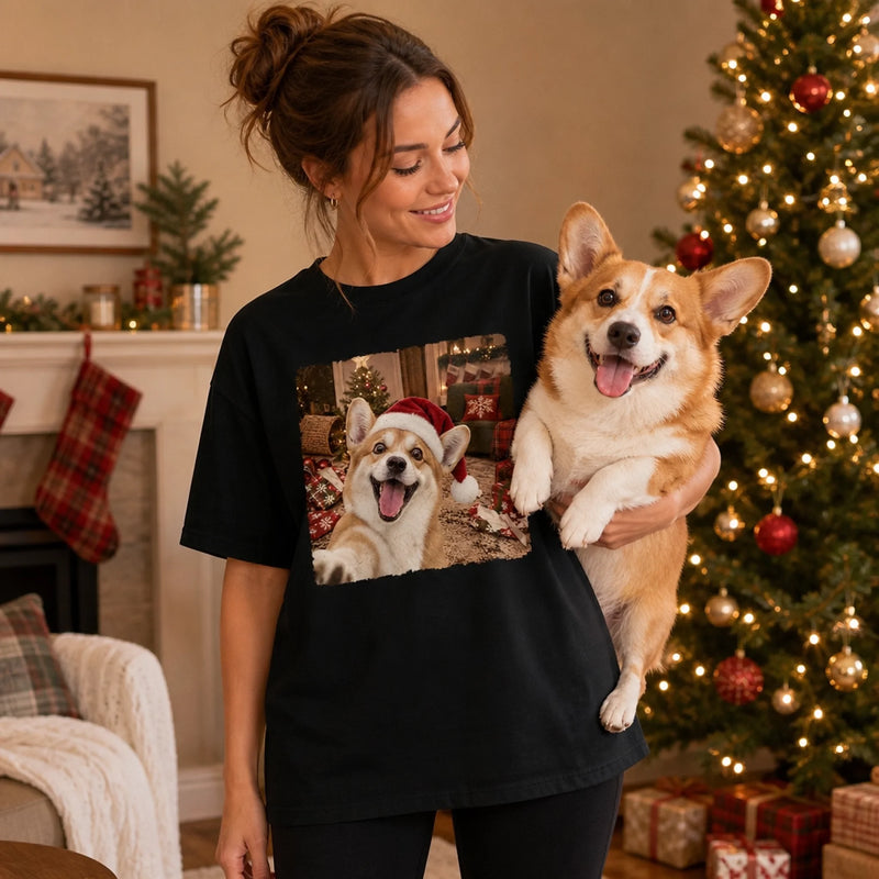 Custom Photo Funny Dog Selfie Comfort T-Shirt - Personalized Christmas Birthday Gifts For Dog Cat Lovers, Dog Dad And Mom, Cat Owners - Cozy Season, Merry Fun