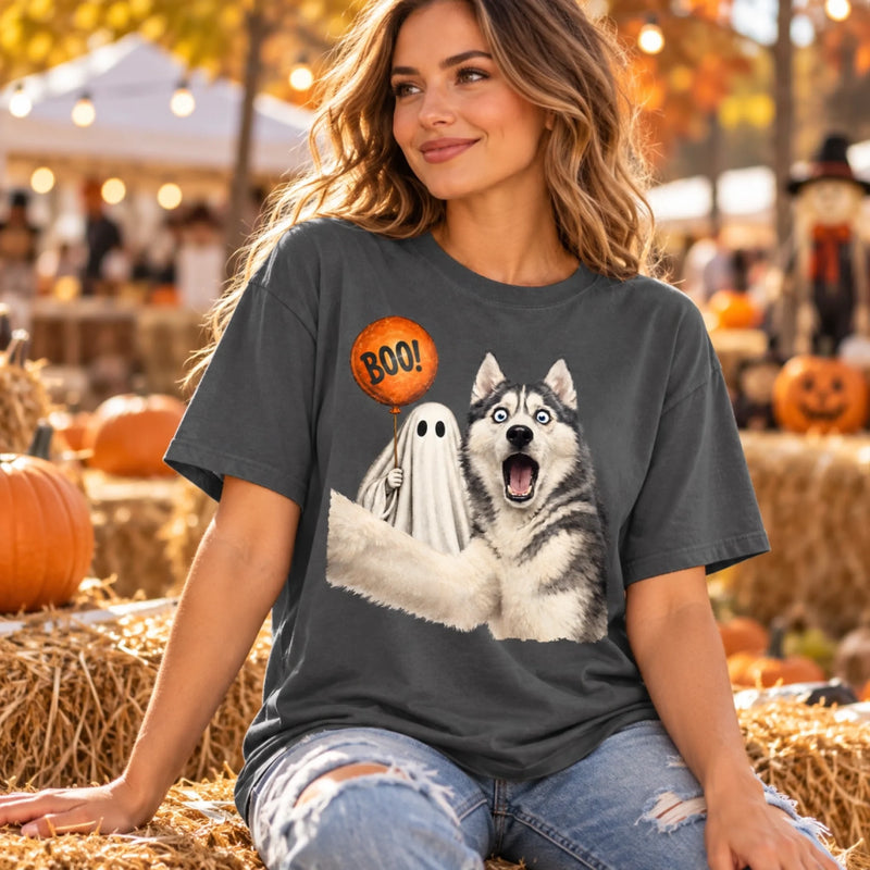 Custom Photo Funny Dog Selfie With Boo T-Shirt - Personalized Halloween Gifts For Dog Cat Lovers, Dog Dad And Mom, Cat Owners - Too Spooked To Behave
