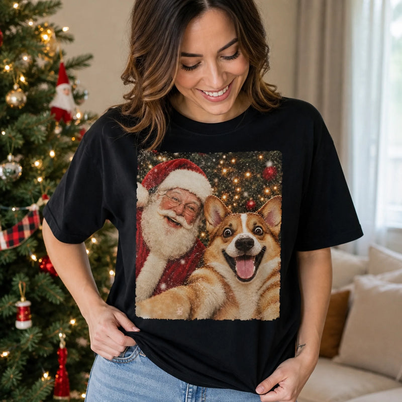 Custom Photo Funny Dog Selfie With Santa Comfort T-Shirt - Personalized Christmas Birthday Gifts For Dog Cat Lovers, Dog Dad And Mom, Cat Owners - Paws, Santa And Cheer