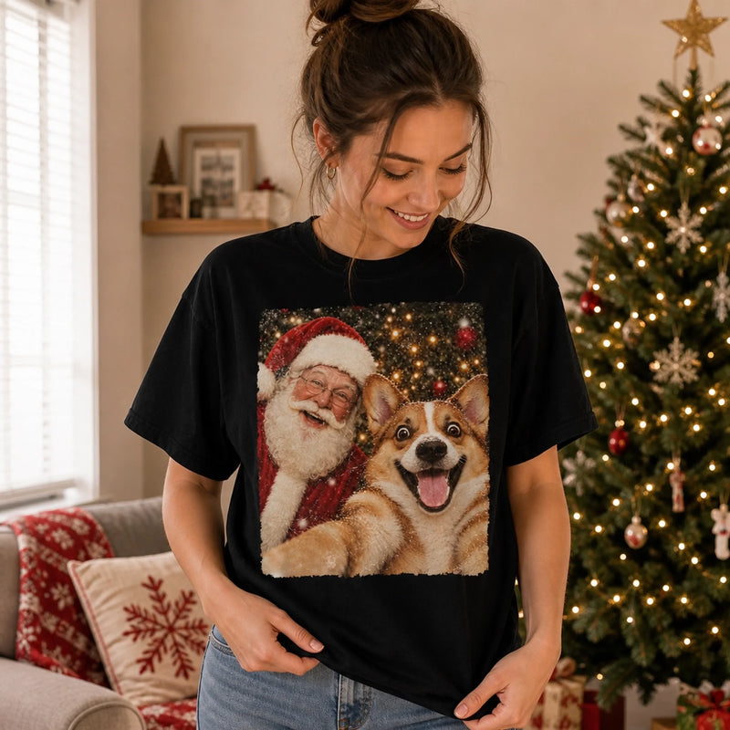 Custom Photo Funny Dog Selfie With Santa Comfort T-Shirt - Personalized Christmas Birthday Gifts For Dog Cat Lovers, Dog Dad And Mom, Cat Owners - Paws, Santa And Cheer