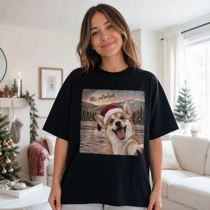 Custom Photo Funny Dog Selfie With Santa Comfort T-Shirt - Personalized Christmas Birthday Gifts For Dog Cat Lovers, Dog Dad And Mom, Cat Owners - Merry Moments, Happy Tails