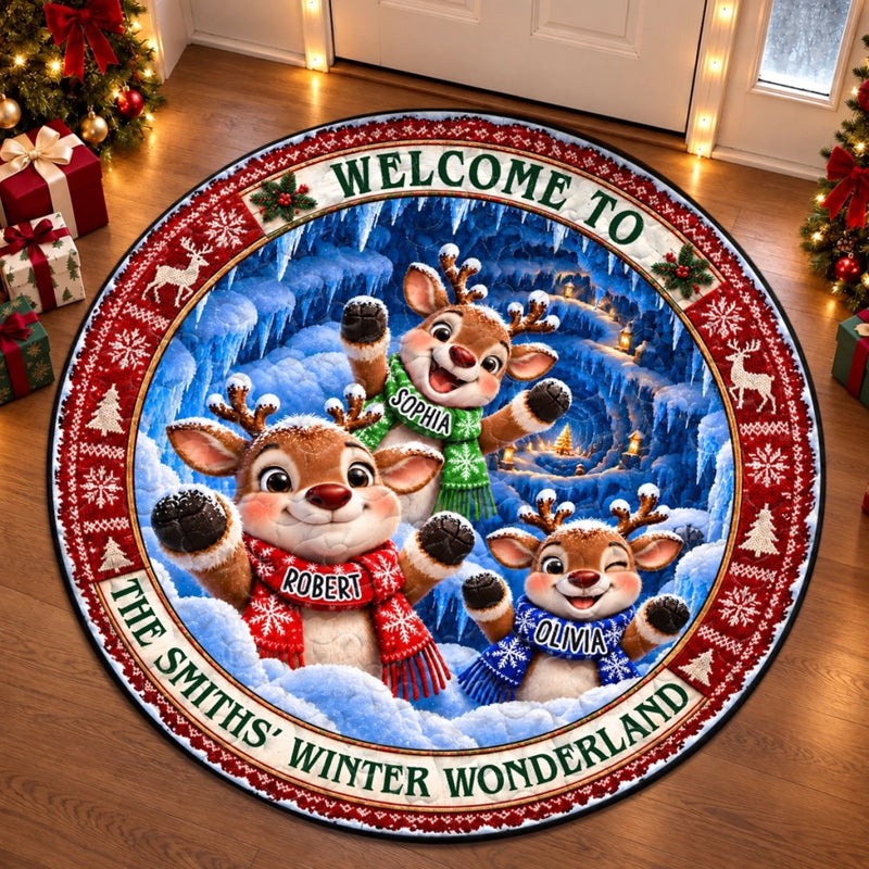 Custom Reindeer Quilted Round Mat - Personalized Christmas Birthday Gifts For Mom, Dad, Brother, Sister - Welcome To Our Winter Wonderland
