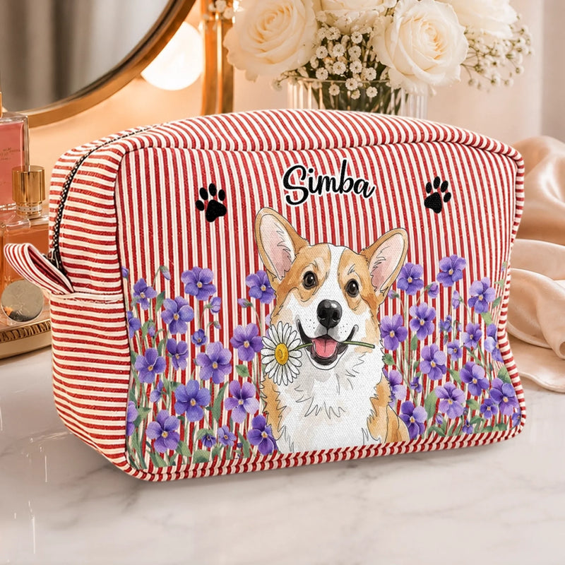 Custom Photo Seersucker Makeup Bag - Personalized Birthday Gifts For Wife, Daughter, Besties, Sisters, Granddaughter, Grandma, Mom, Yourself, Dog Cat Lovers - Life Blooms With You