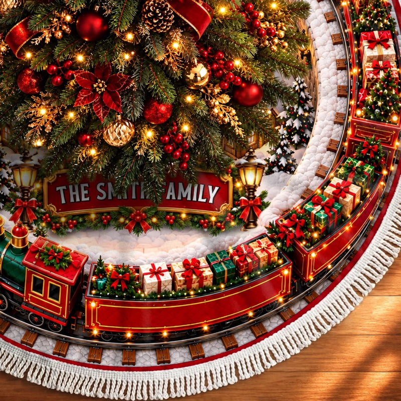 Custom Christmas Train Tree Skirt - Personalized Christmas Birthday Gifts For Mom, Dad, Brother, Sister - All Aboard The Family Express