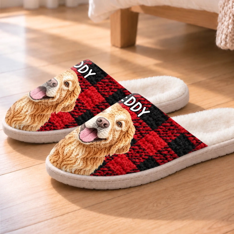 Custom Photo Crochet Effect Flat Scuff Slippers - Personalized Christmas Birthday Gifts For Dog Cat Lovers, Dog Dad And Mom, Cat Owners - Too Cozy To Move