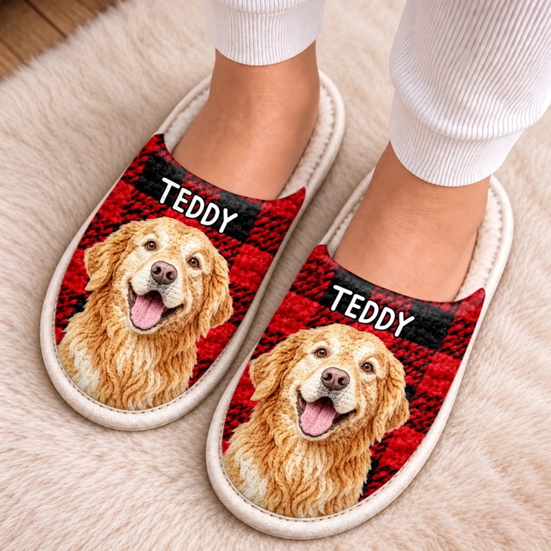 Custom Photo Crochet Effect Flat Scuff Slippers - Personalized Christmas Birthday Gifts For Dog Cat Lovers, Dog Dad And Mom, Cat Owners - Too Cozy To Move
