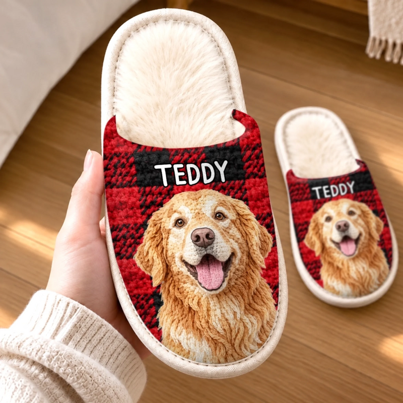 Custom Photo Crochet Effect Flat Scuff Slippers - Personalized Christmas Birthday Gifts For Dog Cat Lovers, Dog Dad And Mom, Cat Owners - Too Cozy To Move