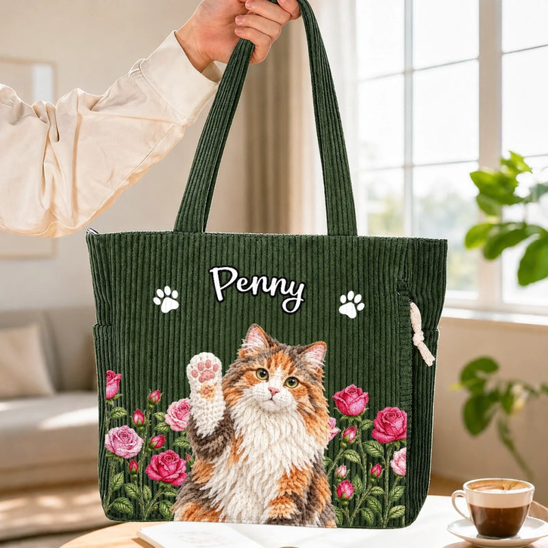 Custom Photo Pet Portrait Gifts for Pet Lovers - Personalized Corduroy Tote Bag