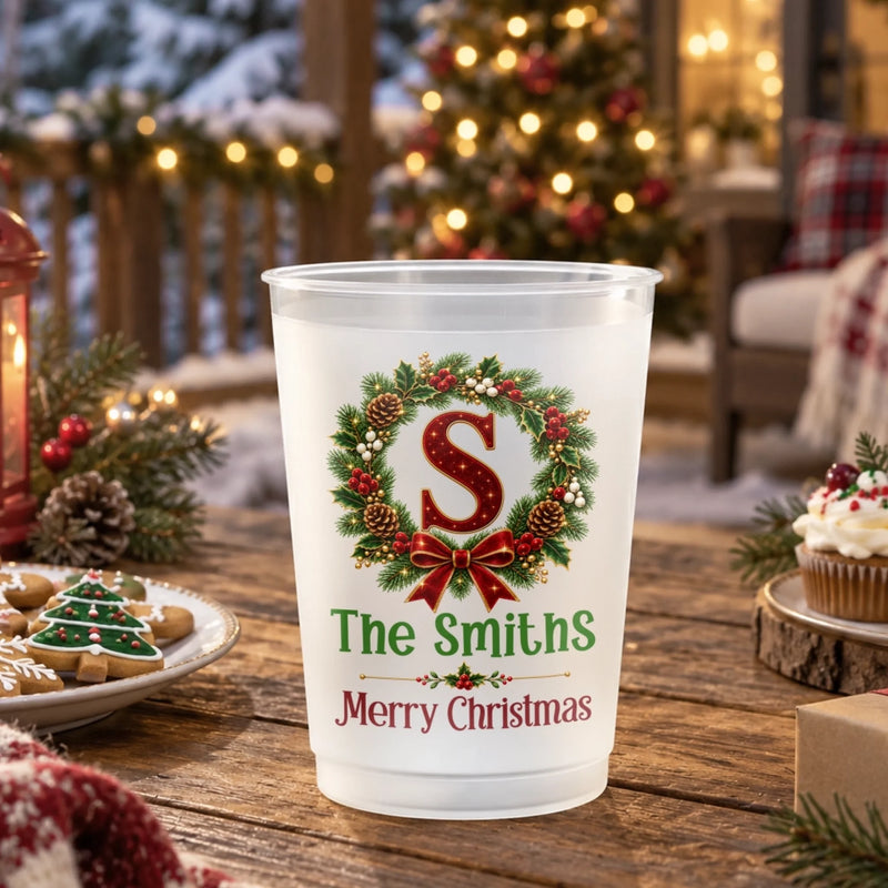 Custom Monogram Christmas Wreath Family Gifts - Personalized Plastic Cups