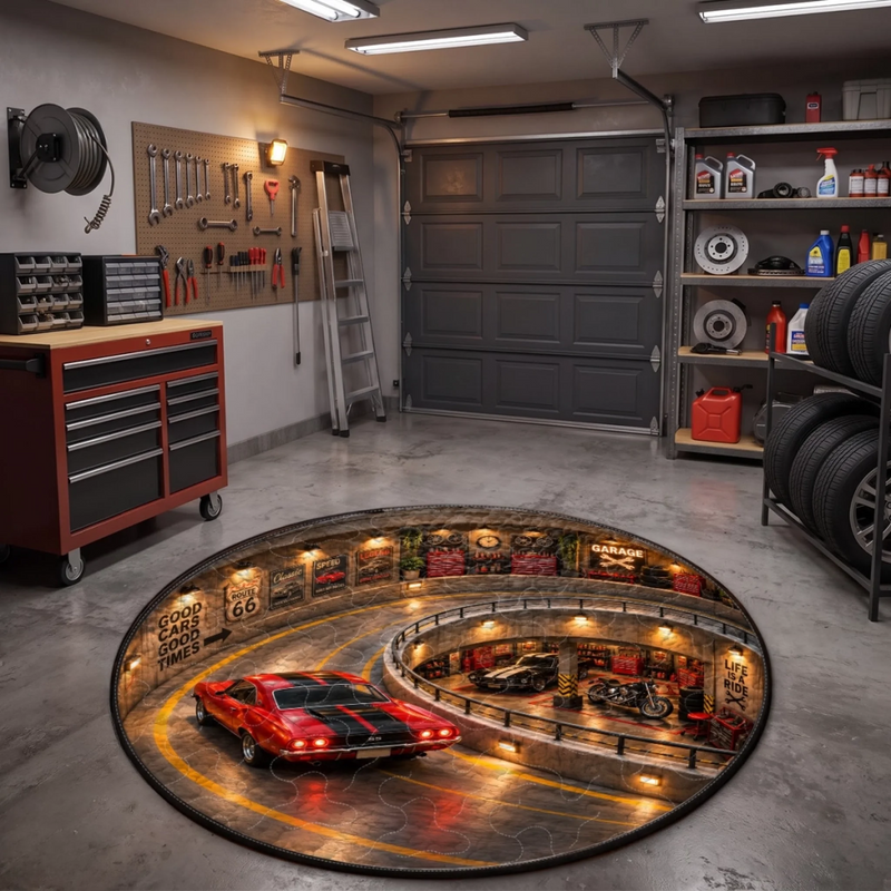 Classic Car Garage Decor for Auto Enthusiasts - Quilted Round Mat