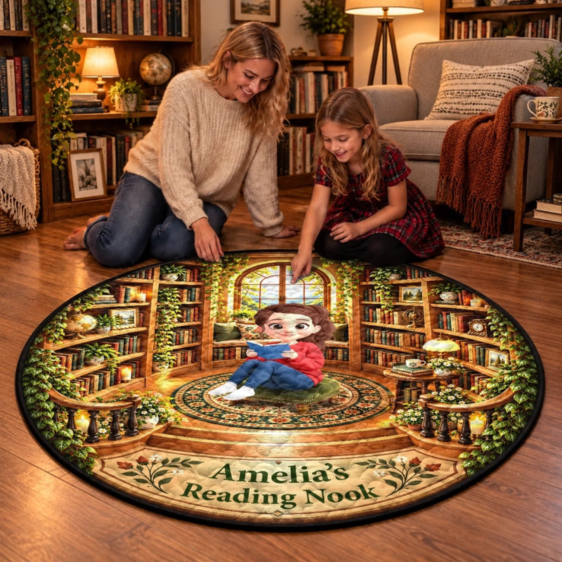 Custom Girl Reading Nook Decor - Personalized Quilted Round Mat
