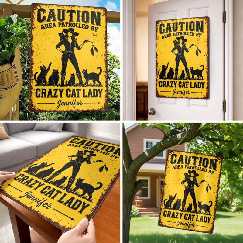 Custom Crazy Cat Lady Caution Sign - Personalized Metal Sign