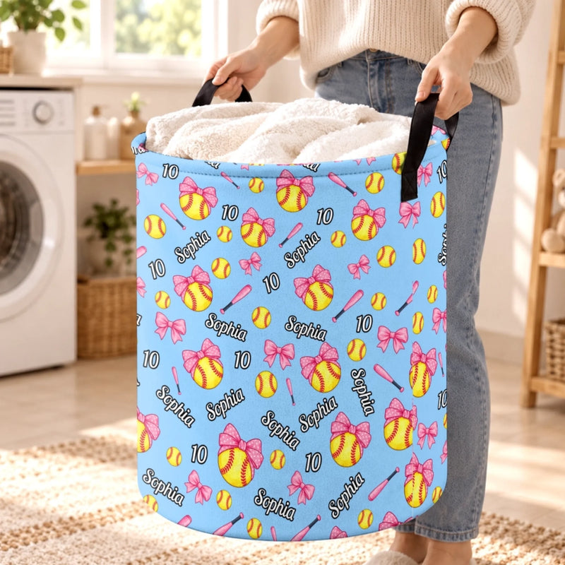 Custom Bow Softball Name and Number Gifts For Kids - Personalized Laundry Basket