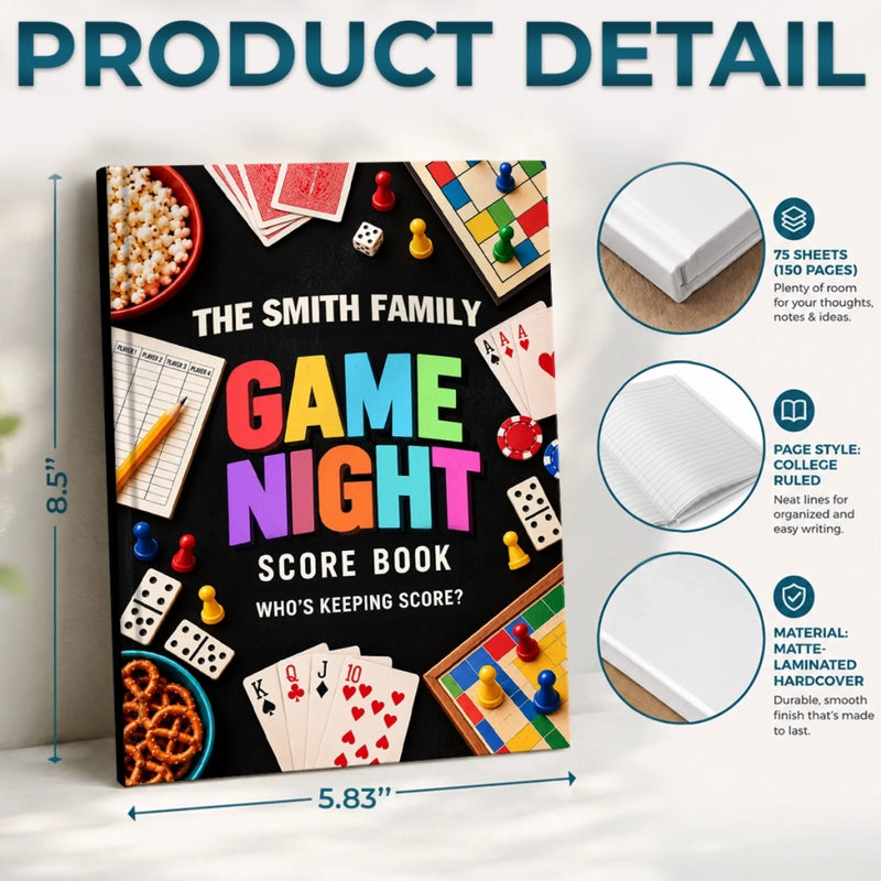 Custom Family Game Night Score Book Gifts - Personalized Hardcover Journal