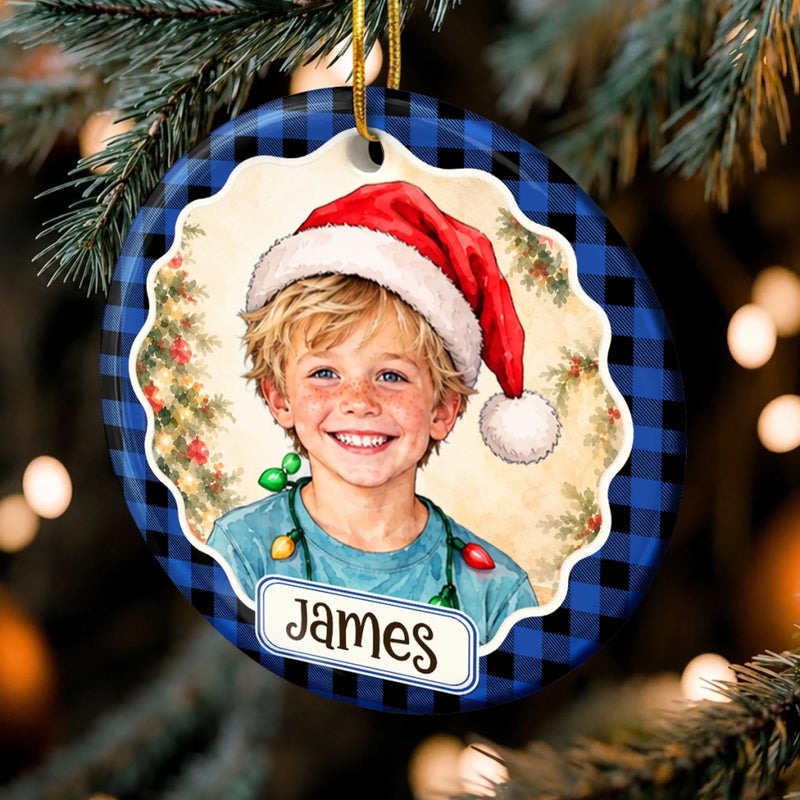 Custom Photo Santa Hat Keepsake for Kids - Personalized Ceramic Ornament