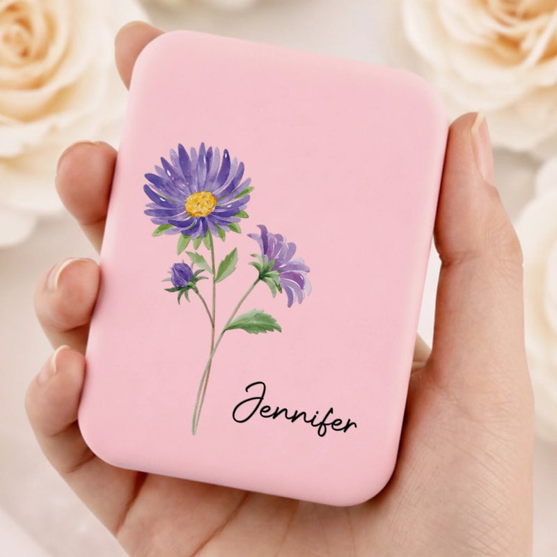 Custom Name Birth Month Flowers Gifts for Women - Personalized LED Compact Makeup Mirror