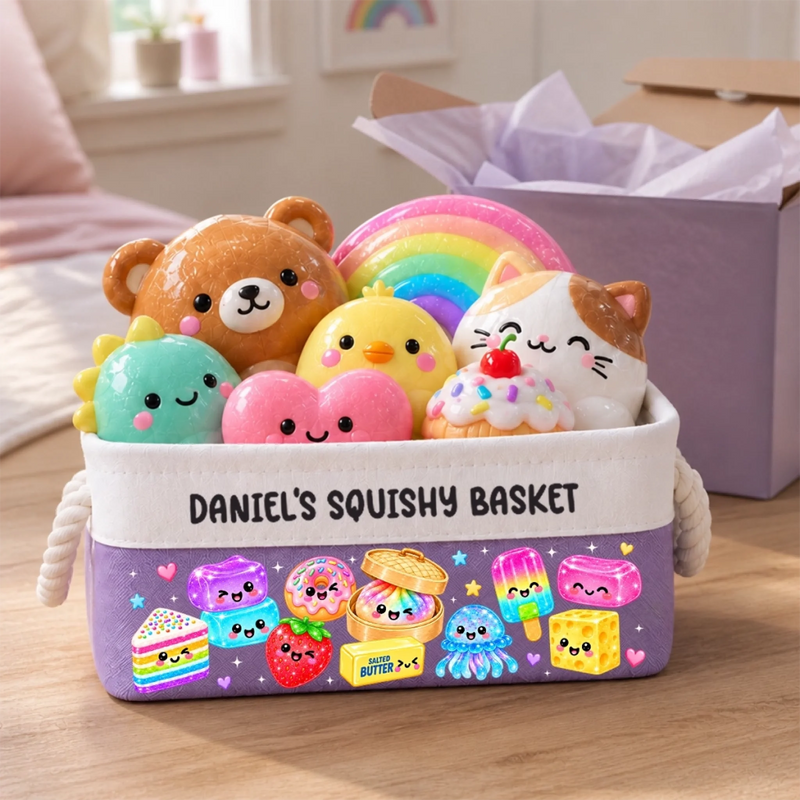 Custom Name Kawaii Food and Animal Squishy Gifts for Kids - Personalized Storage Basket