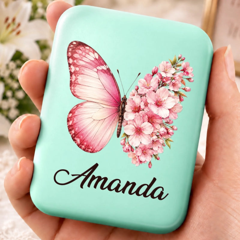 Custom Name Butterfly Floral Gifts for Women 
 - Personalized LED Compact Makeup Mirror