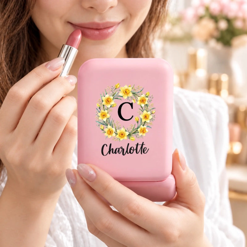 Custom Initial and Name Floral Gifts for Her - Personalized LED Compact Makeup Mirror