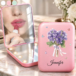 Custom Name Birth Month Flower Bouquet Gifts for Women - Personalized LED Compact Makeup Mirror