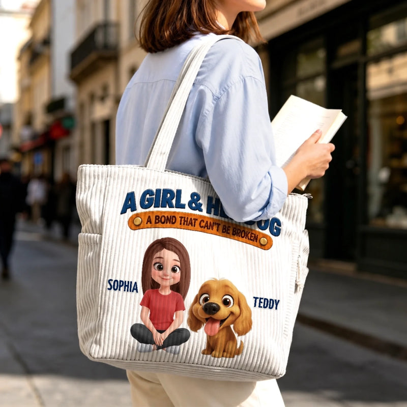 Custom Name Girl And Her Dogs Gifts For Dog Lovers - Personalized Corduroy Tote Bag