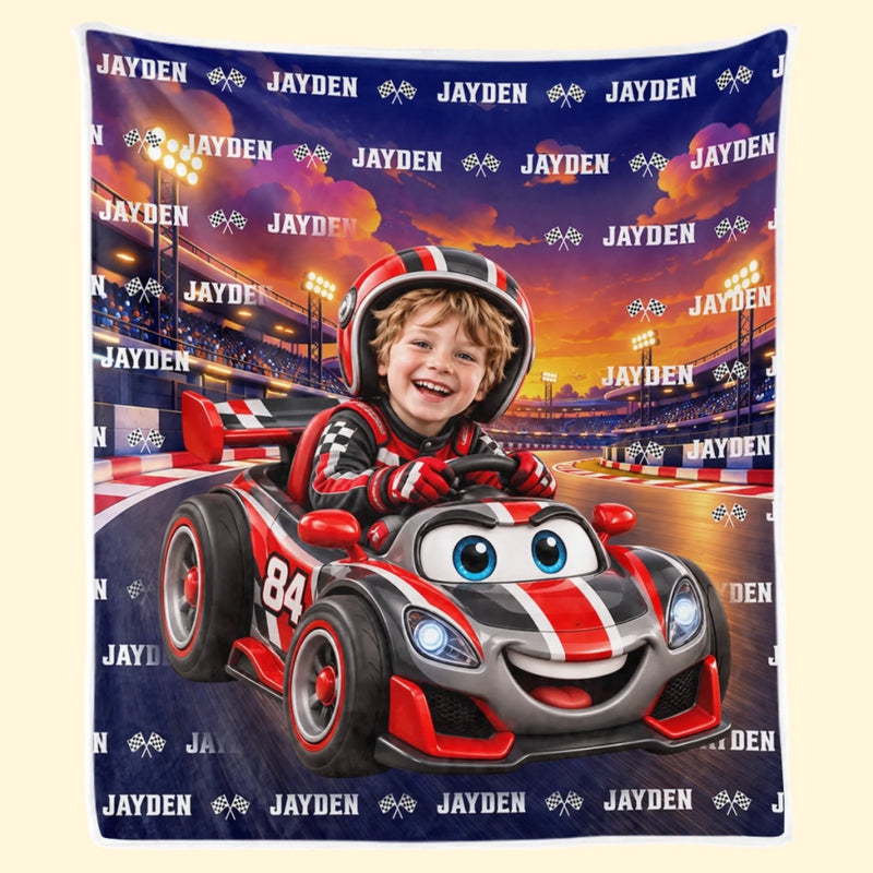 Custom Photo Checkered Flag Racing Gifts for Kids - Personalized Blanket