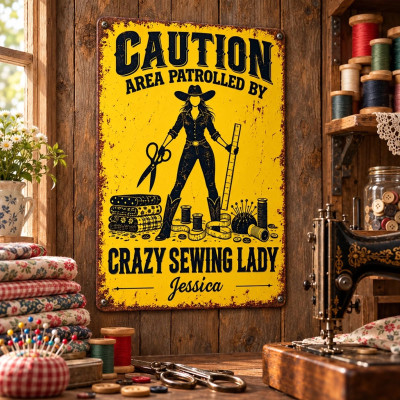 Custom Name Crazy Sewing Lady Gifts - Personalized Metal Sign