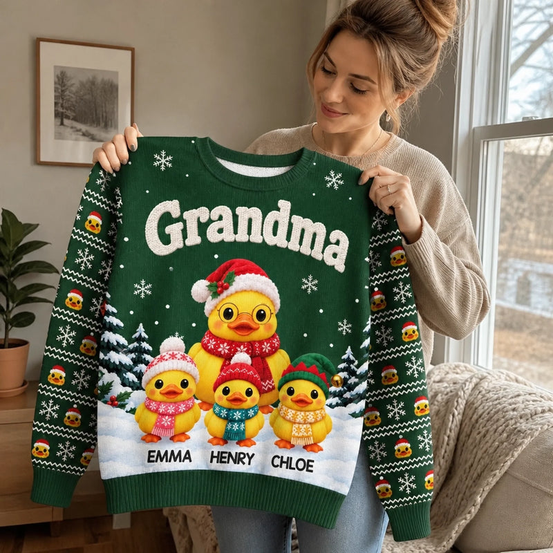 Custom Name Christmas Duck Family Gifts For Grandma - Personalized Ugly Sweatshirt
