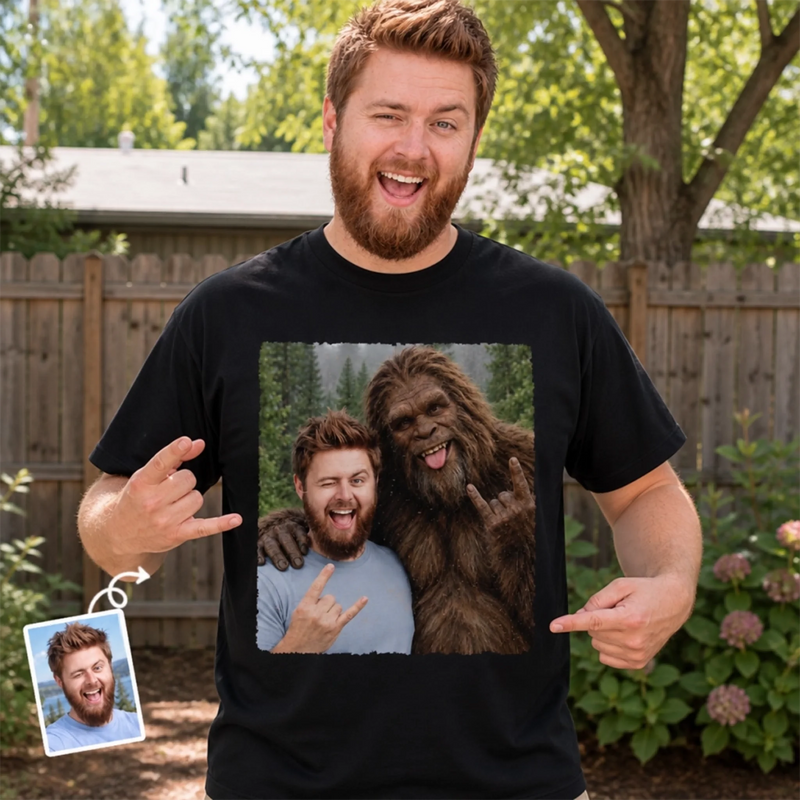 Custom Photo Funny Bigfoot Selfie Gifts for Men and Women - Personalized Comfort T-Shirt