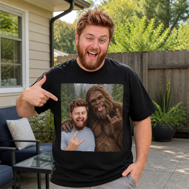 Custom Photo Funny Bigfoot Selfie Gifts for Men and Women - Personalized Comfort T-Shirt