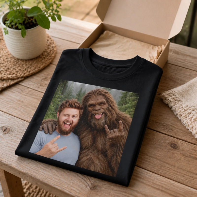 Custom Photo Funny Bigfoot Selfie Gifts for Men and Women - Personalized Comfort T-Shirt