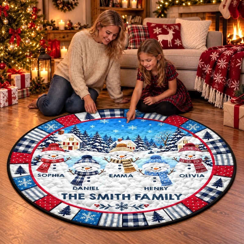 Custom Name Snowman Christmas Family Scene Decor - Personalized Quilted Round Mat