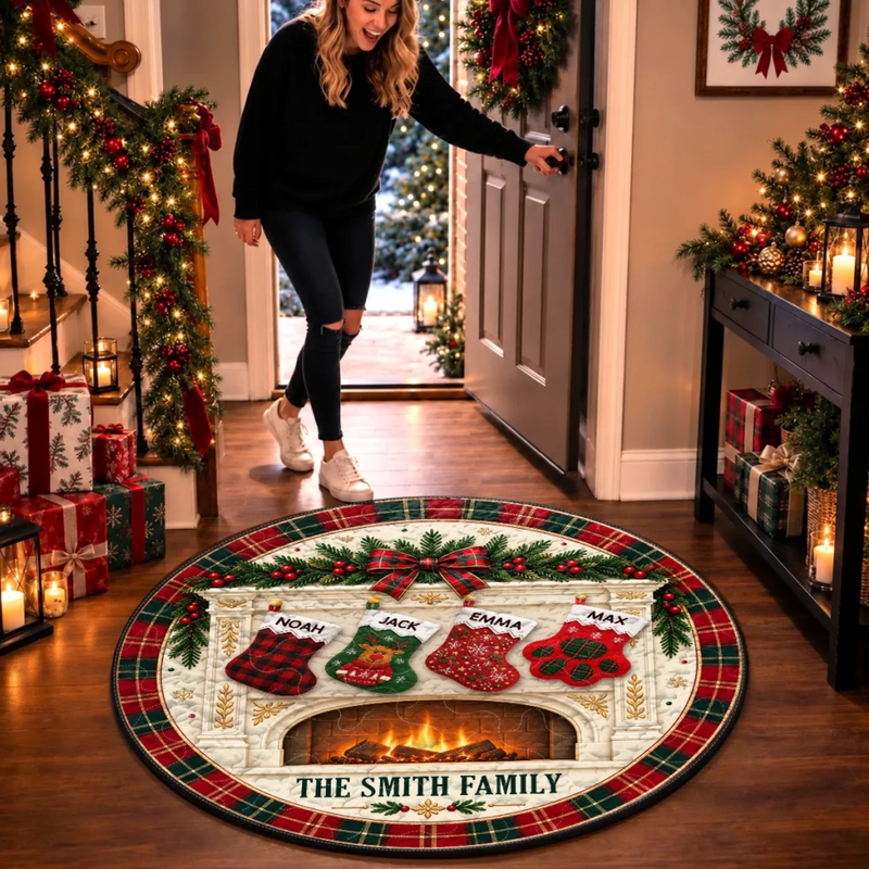 Custom Name Christmas Stockings Fireplace Family Decor - Personalized Quilted Round Mat