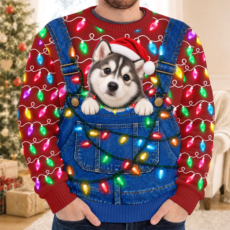 Custom Pet Photo Santa Hat Husky Christmas Gifts For Dog Cat Lovers, Pet Lovers - Personalized Ugly Sweatshirt