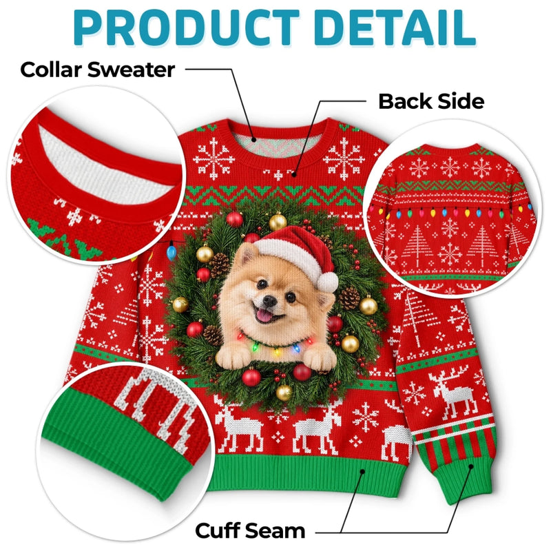 Custom Pet Photo Christmas Wreath Gifts For Dog And Cat Lovers - Personalized Ugly Sweatshirt