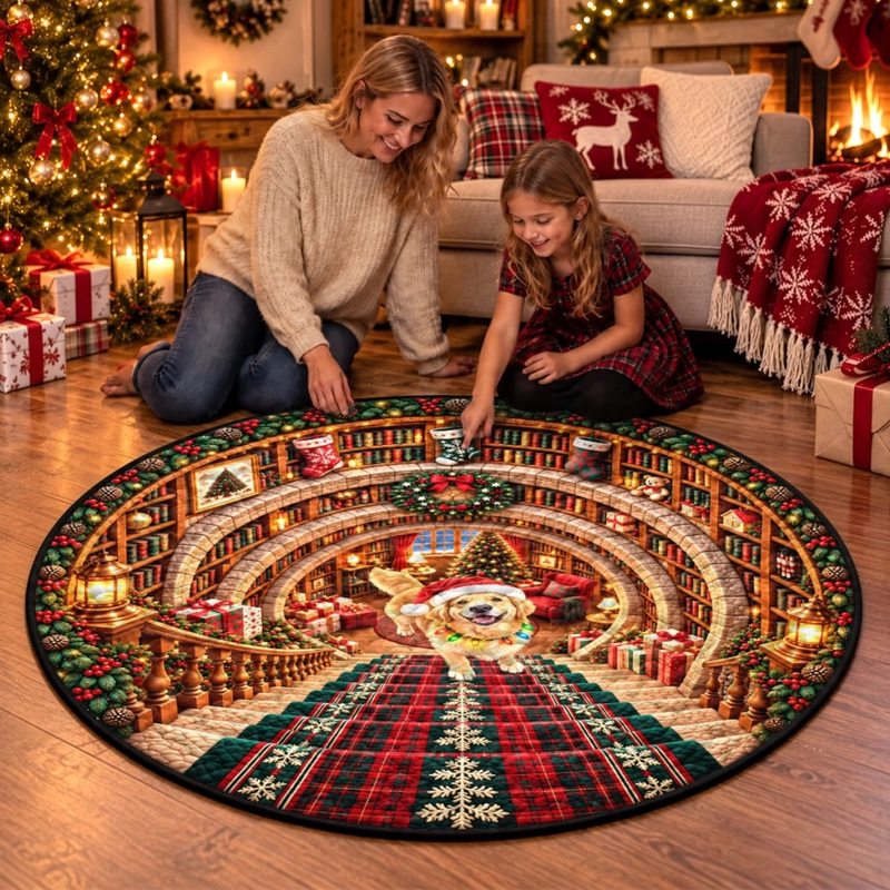 Custom Pet Photo Christmas Reading Nook Gifts For Pet Lovers - Personalized Quilted Round Mat