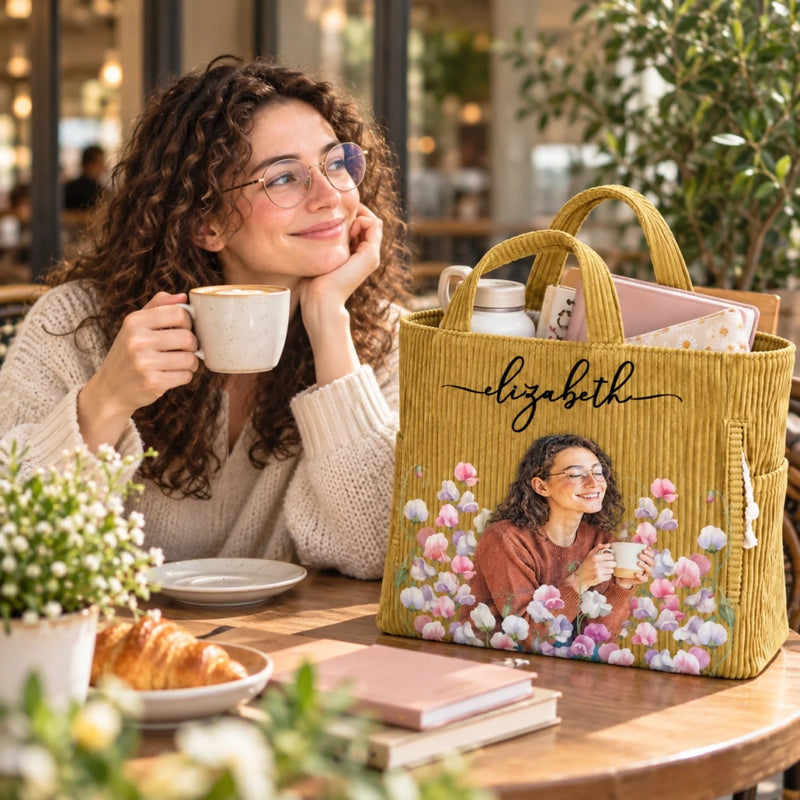 Custom Photo Birth Month Flowers Gifts For Women - Personalized Corduroy Tote Bag