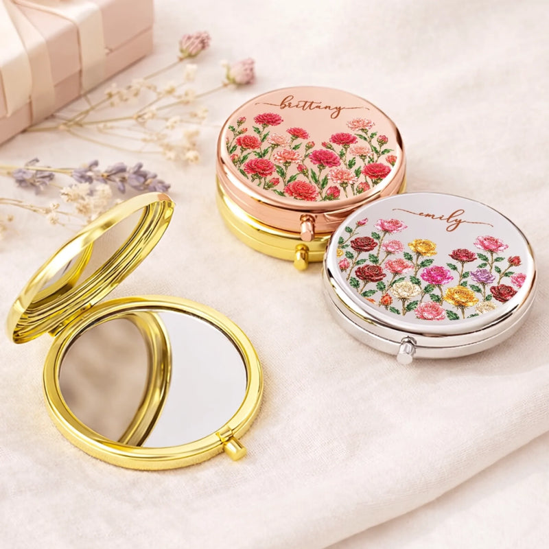 Custom Name Birth Month Flower Gift For Her - Personalized Compact Mirror