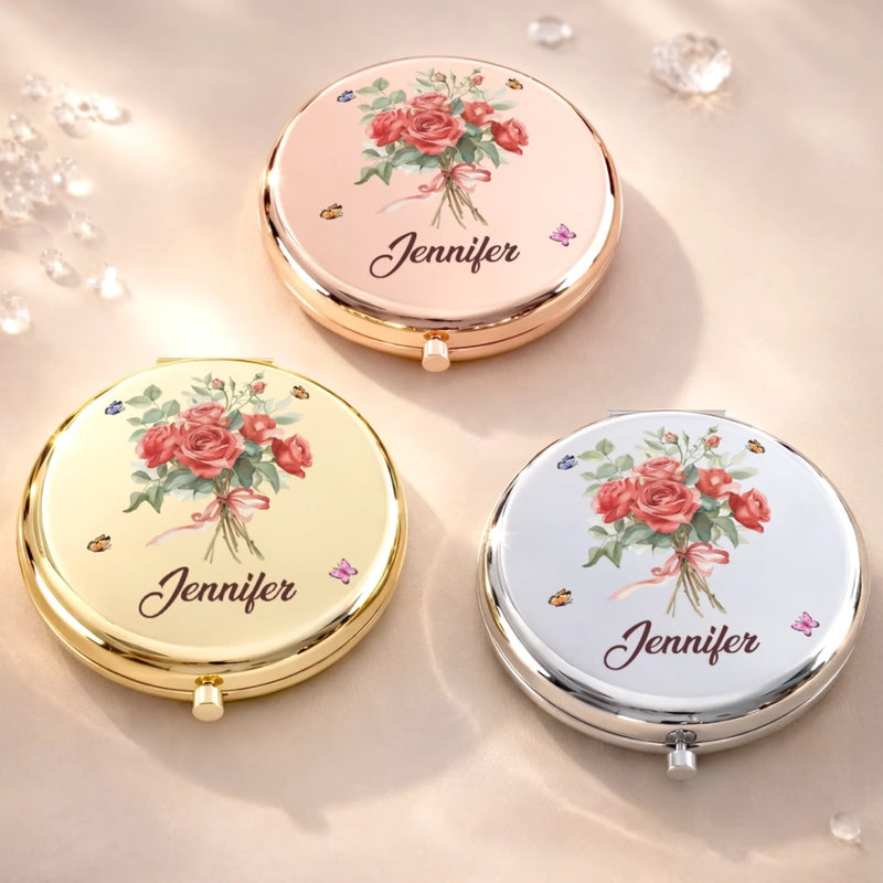 Custom Name Rose and Butterfly Bouquet Gifts For Women - Personalized Compact Mirror