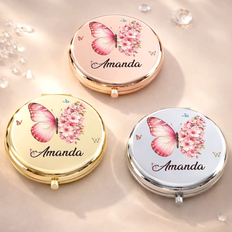 Custom Name Butterfly Floral Gifts For Women - Personalized Compact Mirror