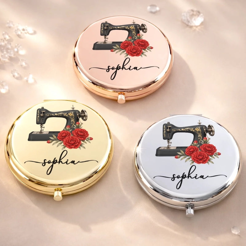 Custom Name Sewing Machine Floral Gifts For Seamstresses, Women - Personalized Compact Mirror