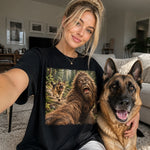 Custom Pet Photo Chasing Bigfoot Gifts For Dog And Cat Lovers - Personalized Comfort T-Shirt