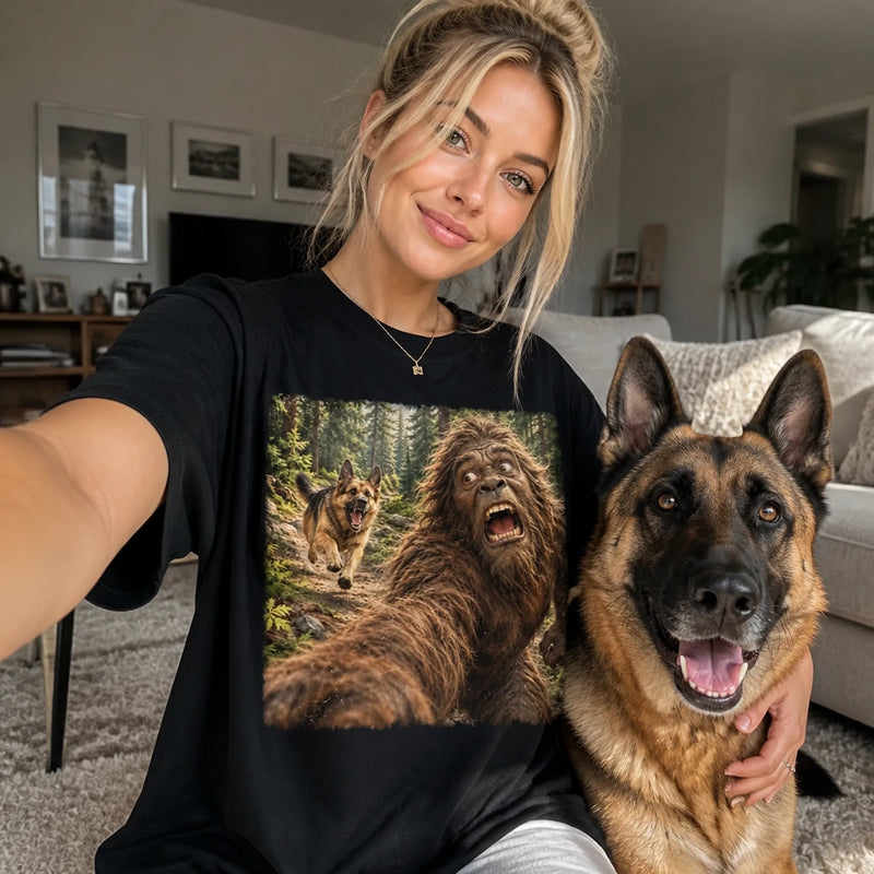 Custom Pet Photo Chasing Bigfoot Gifts For Dog And Cat Lovers - Personalized Comfort T-Shirt