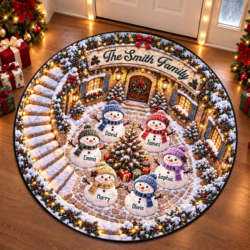 Custom Name Christmas Snowman Family Decor - Personalized Quilted Round Mat