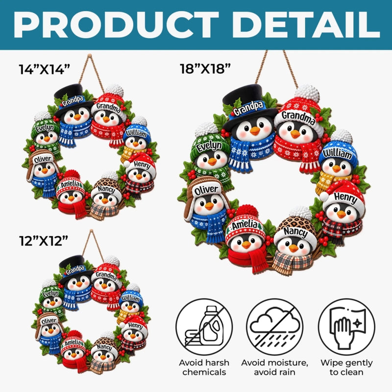 Custom Name Christmas Penguin Family Decor - Personalized Custom Shaped Wood Sign