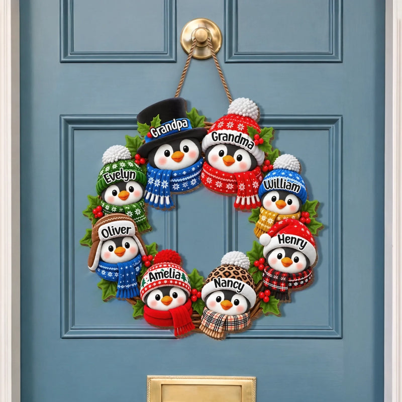 Custom Name Christmas Penguin Family Decor - Personalized Custom Shaped Wood Sign