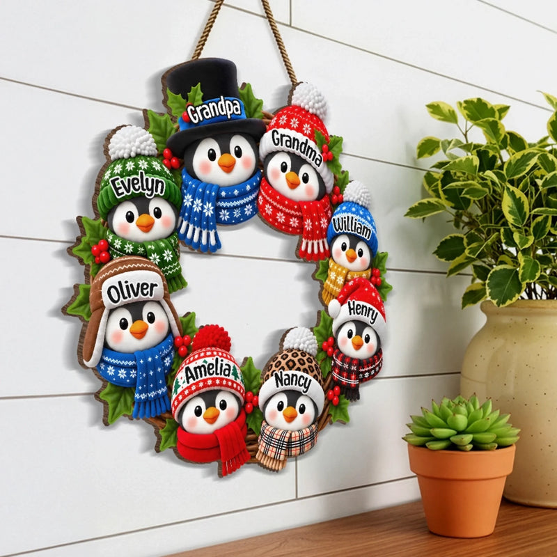 Custom Name Christmas Penguin Family Decor - Personalized Custom Shaped Wood Sign