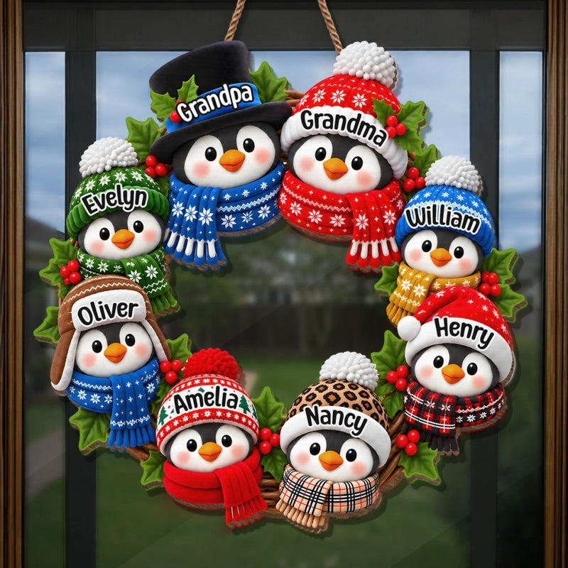 Custom Name Christmas Penguin Family Decor - Personalized Custom Shaped Wood Sign
