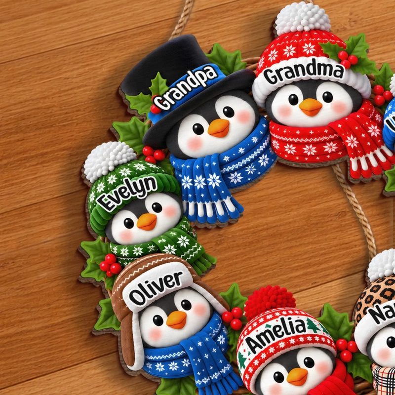 Custom Name Christmas Penguin Family Decor - Personalized Custom Shaped Wood Sign